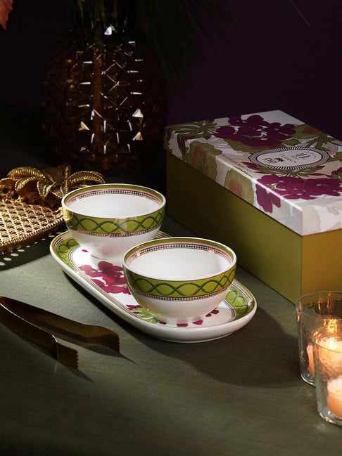 Pure Home and Living Red & Green Bone China Rosabay Printed Serving Bowls - Set of 3-picture-42