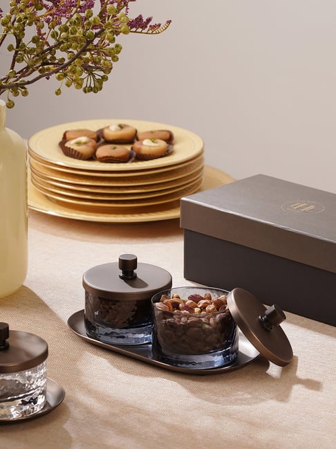 Pure Home and Living Grey & Brown Glass Hammered Condiment Jars with Tray - Set of 2-picture-29