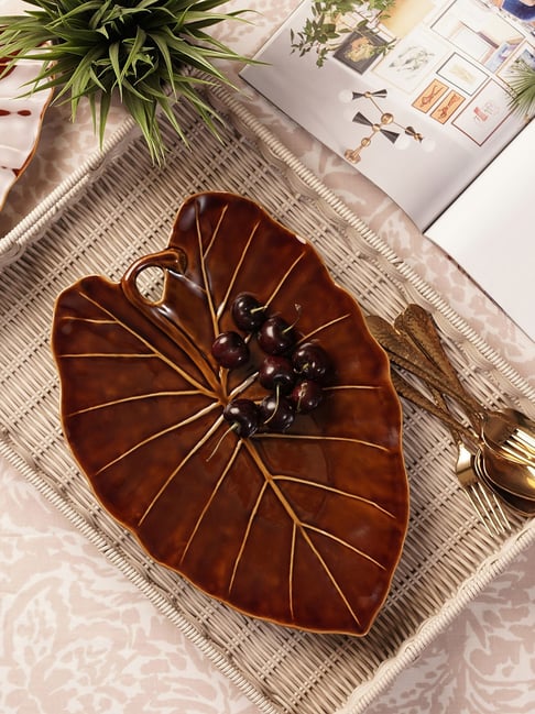 Pure Home and Living Brown Stoneware Leaf Shaped Ceramic Platters-picture-40