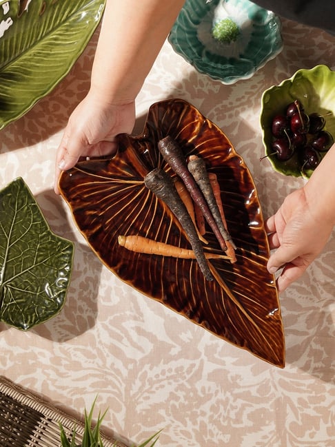 Pure Home and Living Brown Stoneware Cinnabar Elephant Ear Leaf Shaped Ceramic Platters-picture-39