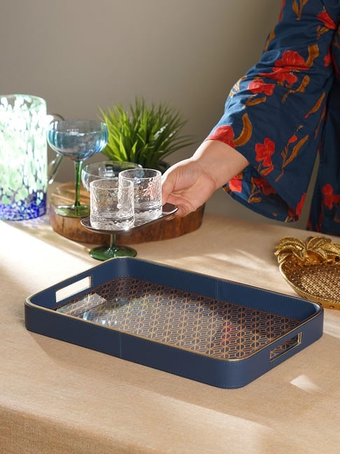 Pure Home and Living Bluue & Gold Printed Faux Leather Tray