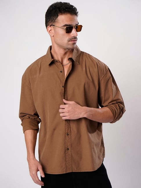 Bene Kleed Rich Brown Cotton Solid Relaxed Fit Shirt
