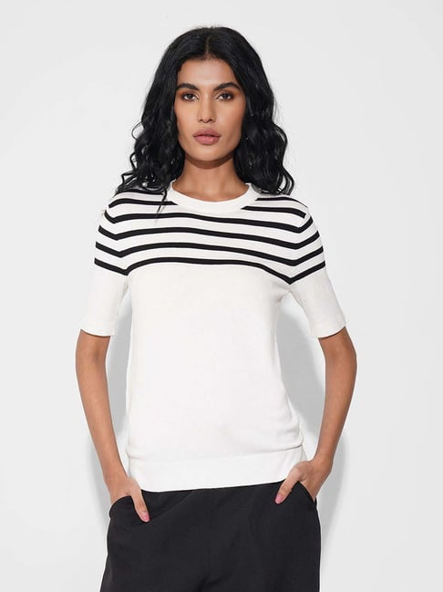Annabelle By Pantaloons White Slim Fit Striped T-Shirt