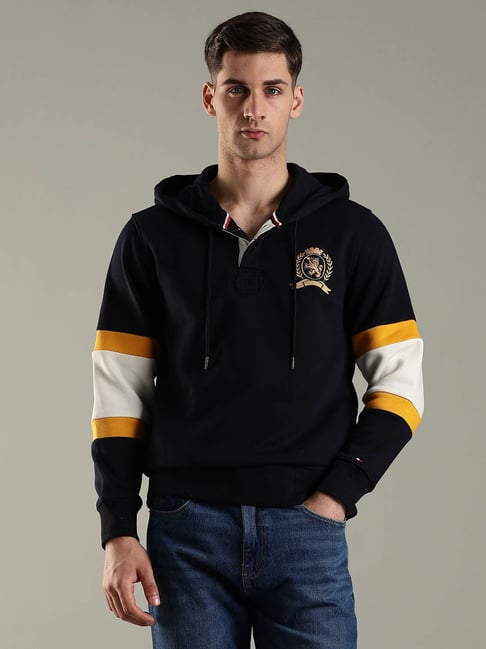 Tommy Hilfiger Navy Cotton Regular Fit Striped Hoodie