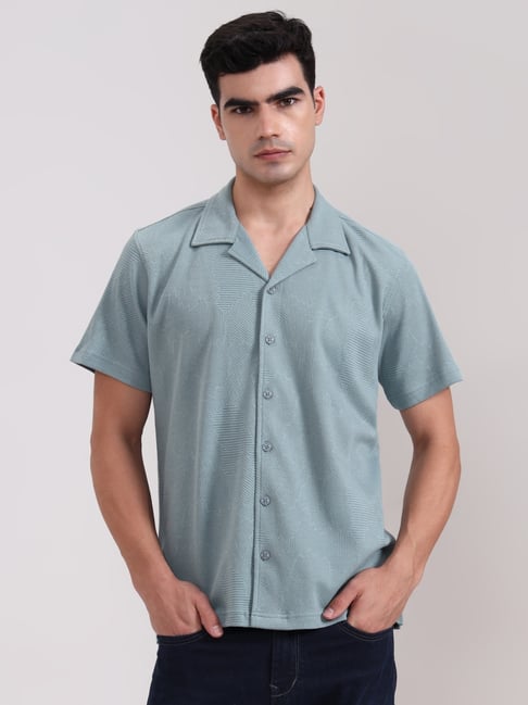JadeBlue Teal Cotton Slim Fit Geometric Print Shirt-picture-46