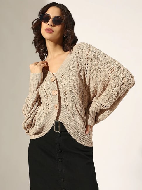 SHOWOFFFF Beige Acrylic Woven Design Sweater
