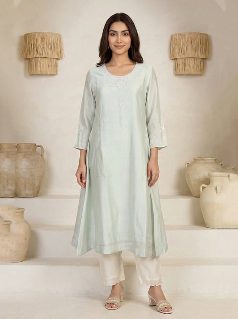 Folksong Sea Green Cotton Silk Embroidered Kurti-picture-43