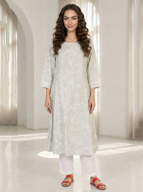 W for Woman Grey Floral Printed Pure Cotton A-line Kurta with Lace-picture-18