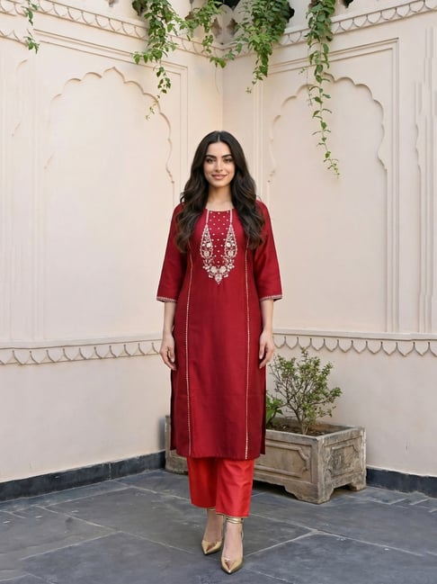 Aurelia Women's Red Thread Embroidered Straight Kurta-picture-39