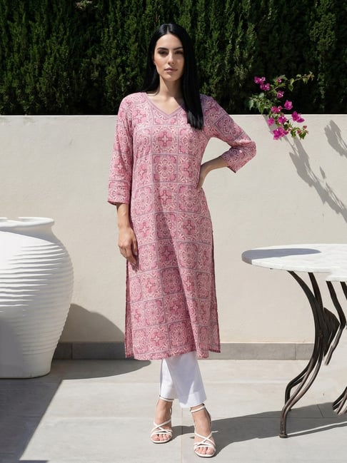 Aurelia Women's Pink Geometric Printed Modal Straight Kurta-picture-12