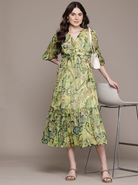 Label Ritu Kumar Green Printed Regular Fit Long Dress