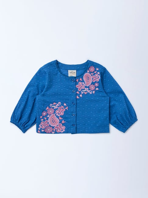 Utsa Kids Girls by Westside Indigo Floral Embroidered Cotton-Blend Top