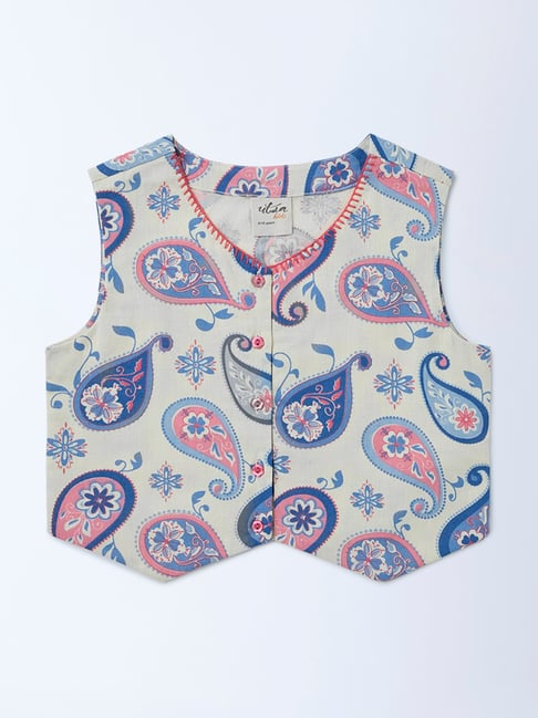 Utsa Kids Girls by Westside Off-White Printed Cotton-Blend Waistcoat