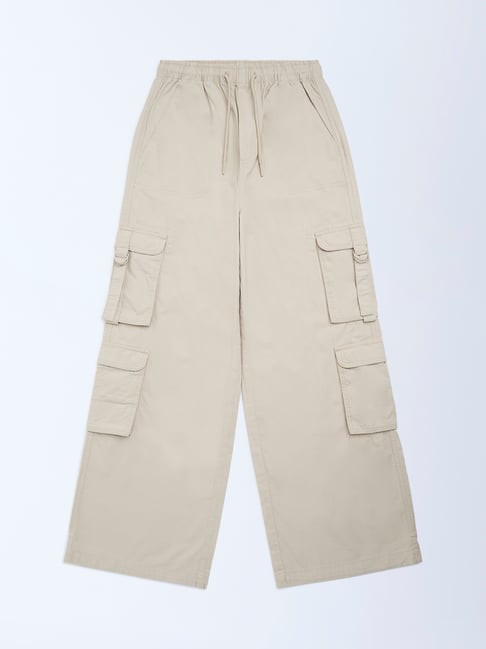Y&F Kids Girls by Westside Beige Cargo-Style High-Rise Cotton Pants