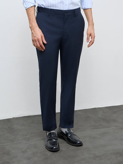 WES Formals by Westside Navy Solid Mid-Rise Slim-Fit Trousers