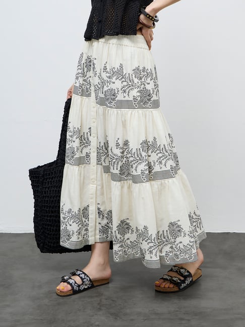 Bombay Paisley by Westside Off-White High-Rise Cotton Tiered Skirt