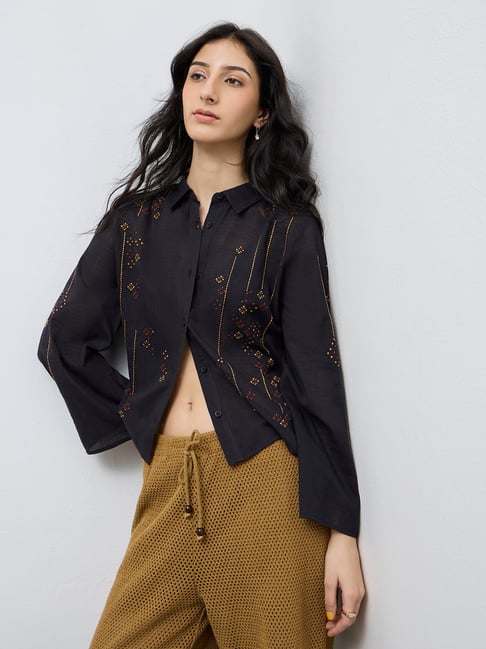 Bombay Paisley by Westside Black Embroidered Cotton Shirt