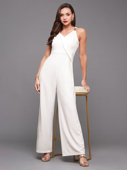 Miss Chase White Polyester Solid Jumpsuit