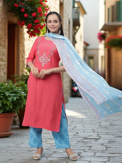 Aurelia Set Kurta E Palazzo In Cotone Ricamato Per Donna – Scollo Rotondo – Con Dupatta Floreale - 3