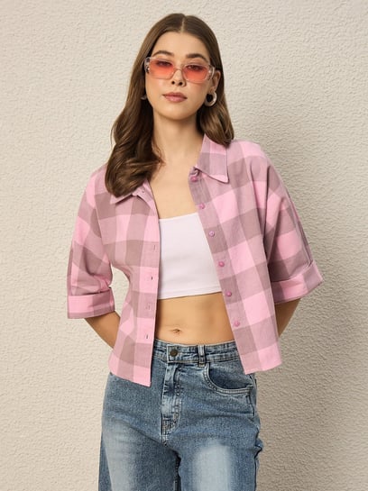 CHIMPAAANZEE Pink & Light Brown Checked Crop Shirt