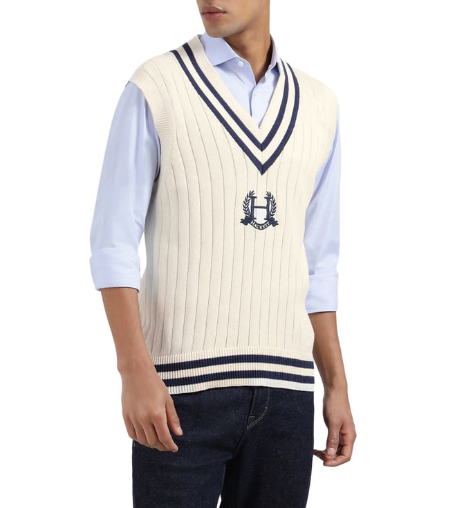 Hackett London Off White Regular Fit Striped Vest Sweater