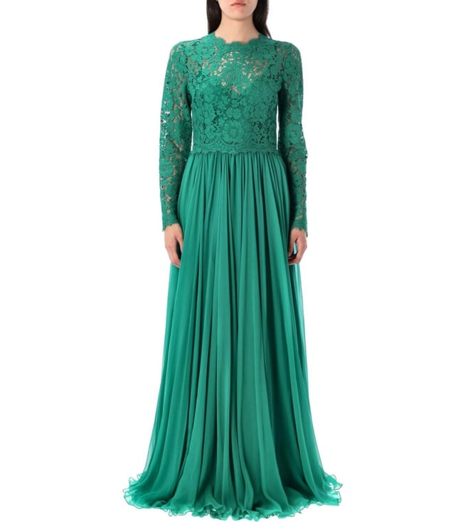 DOLCE & GABBANA Green Lace-Panel Gown Floral Dress