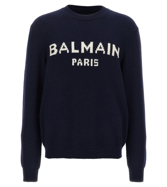 【関税&送料込】Balmain Blue Wool Sweater With Logo Balmain Blue Logo Wool Sweater