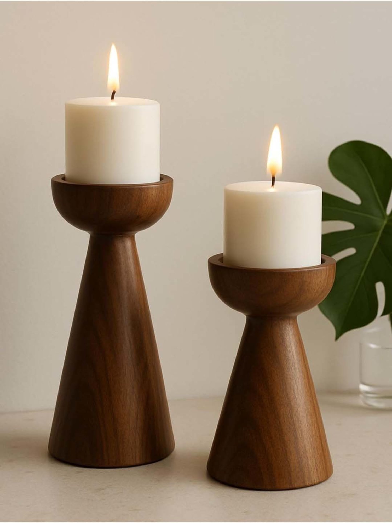 Buy Homesake Walnut Cubist Brown Wood Pillar Candle Stand at Best