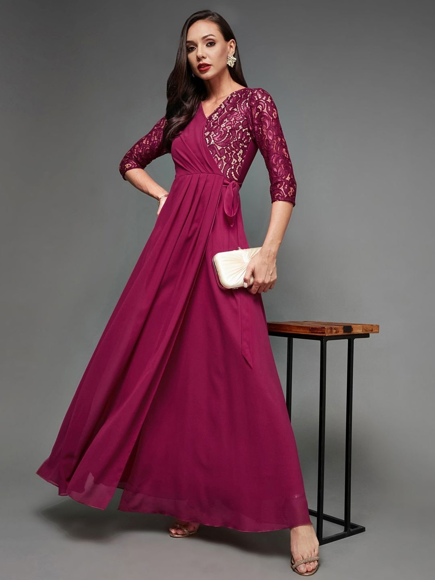 Miss Chase Dark Pink Lace Maxi Dress