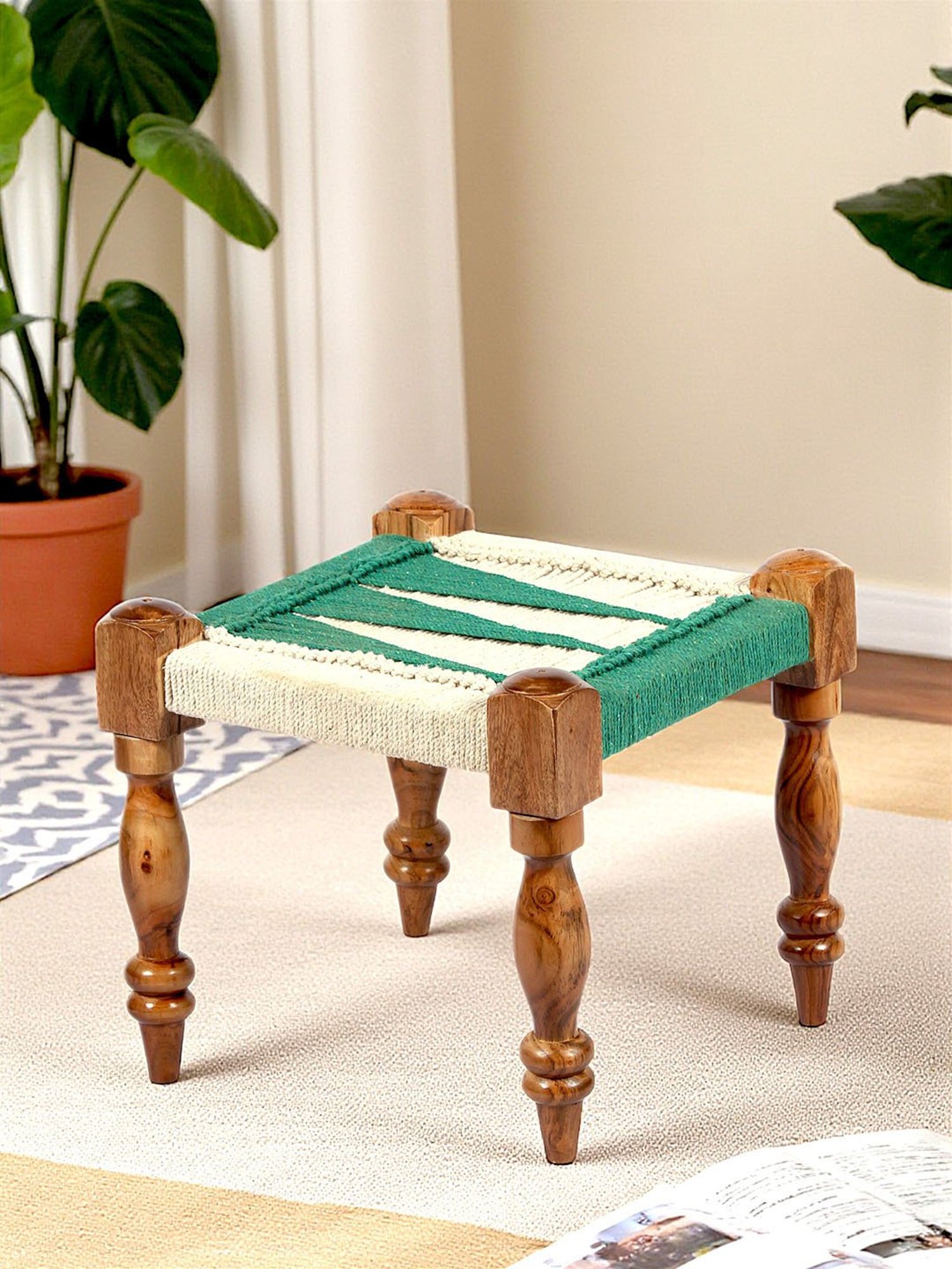 Buy Ikiriya Riaza Green & White Sheesham Wood Vintage Stool at