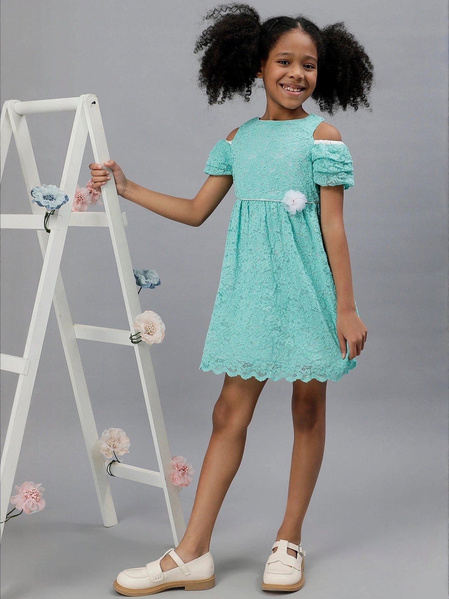 One Friday Kids Turquoise Lace Regular Fit Dress