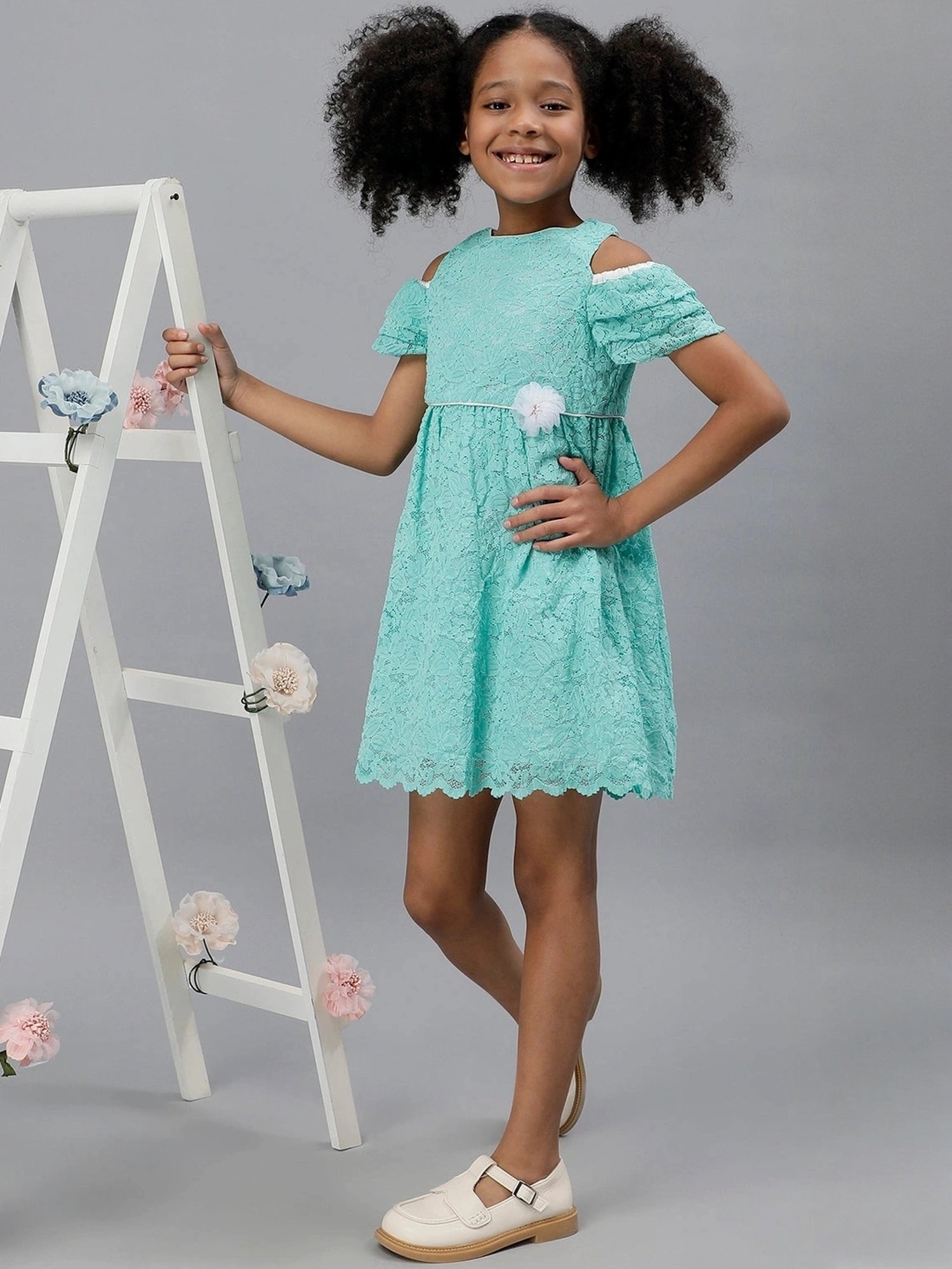One Friday Kids Turquoise Lace Regular Fit Dress