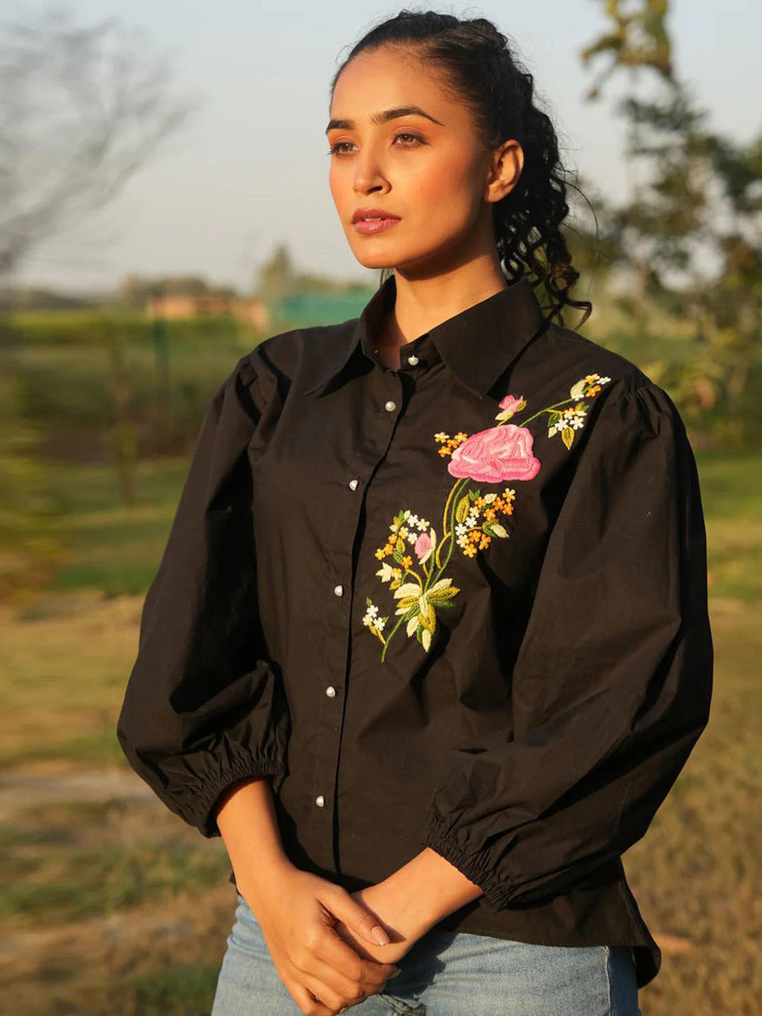 Buy MAI¿India Black Cotton Relaxed Fit Hand Embroidery Shirt for