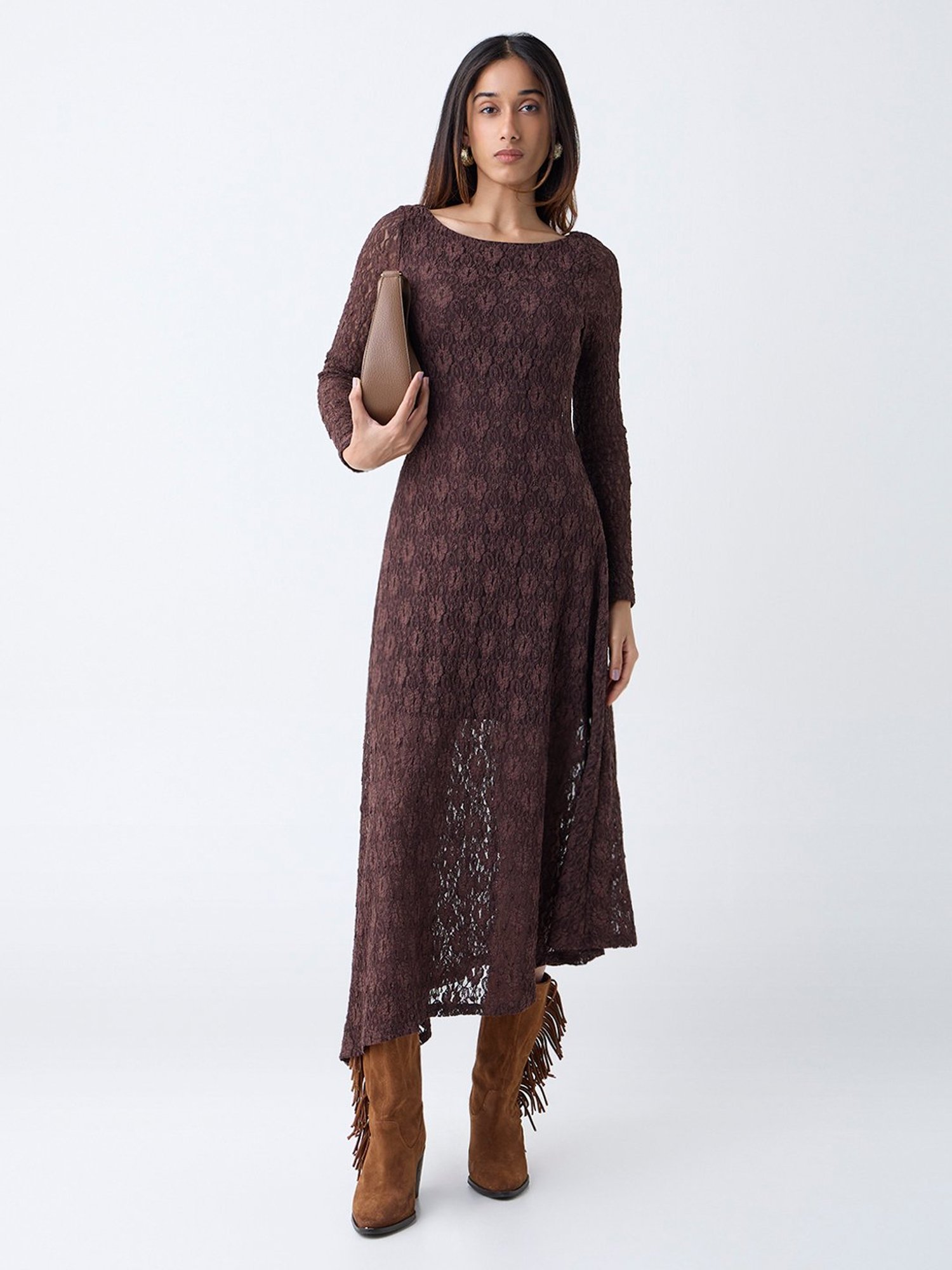 LOV by Westside Dark Brown Lace Detailed Midi Dress