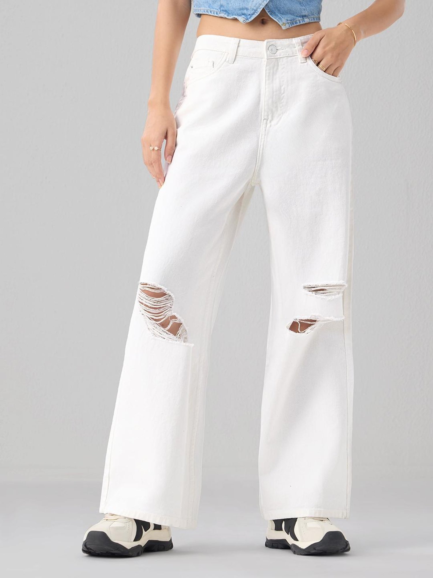 The Souled Store Wide-Leg Denim Pearl White Women Jeans