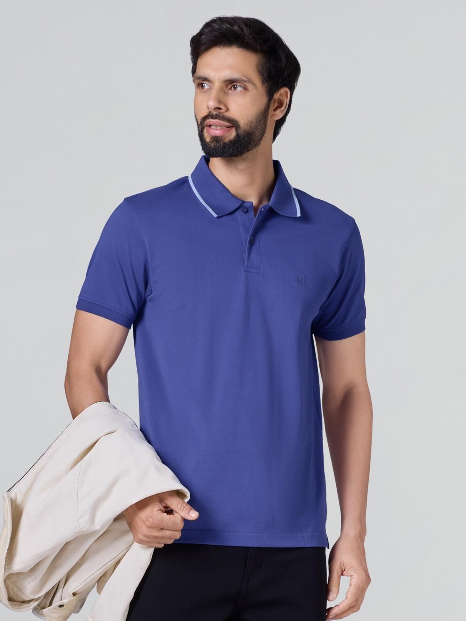 XYXX Iris Blue Cotton Slim Fit Solid Polo T-Shirt