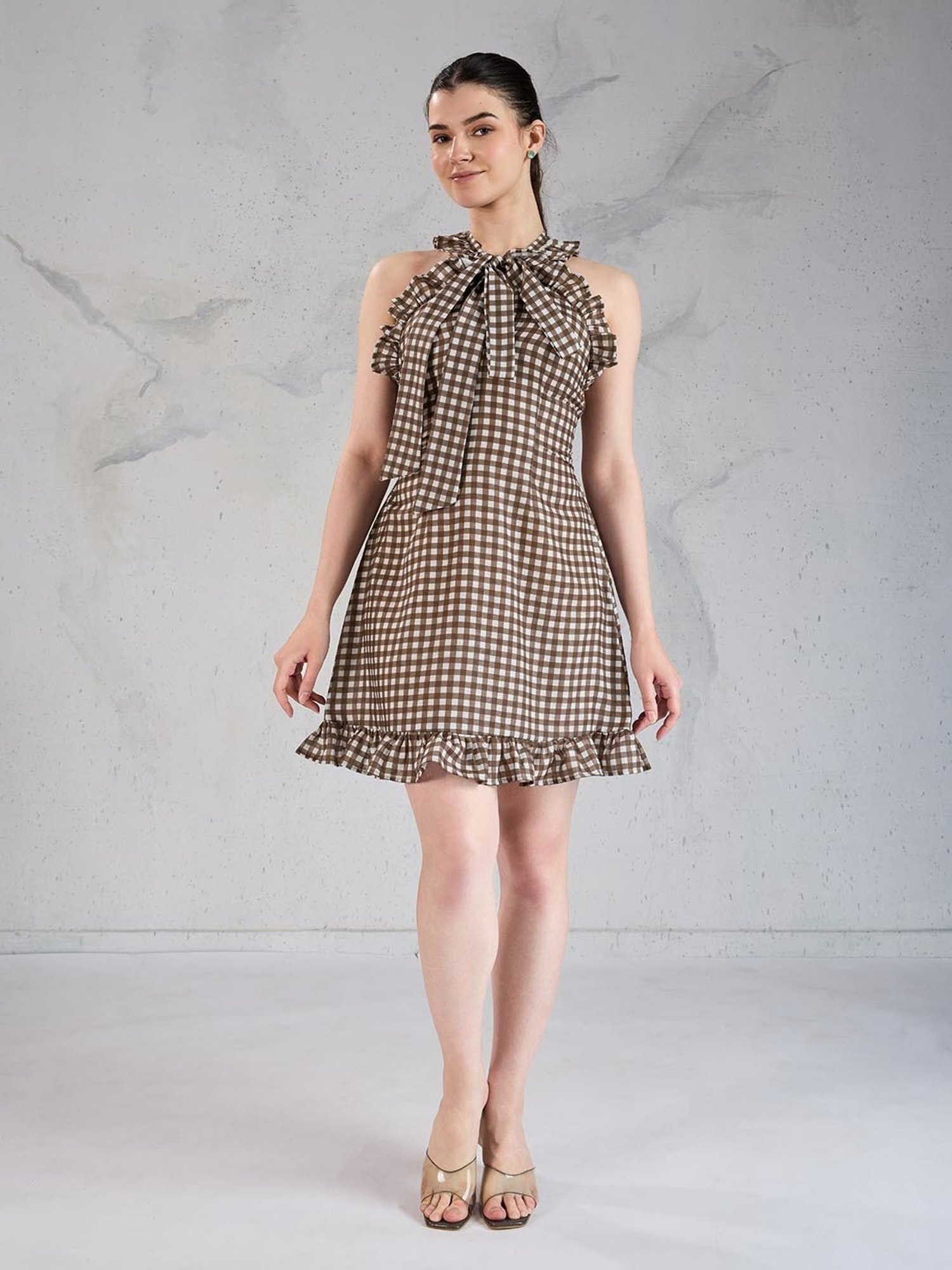 House of Mira Brown & White Cotton Checked Dress
