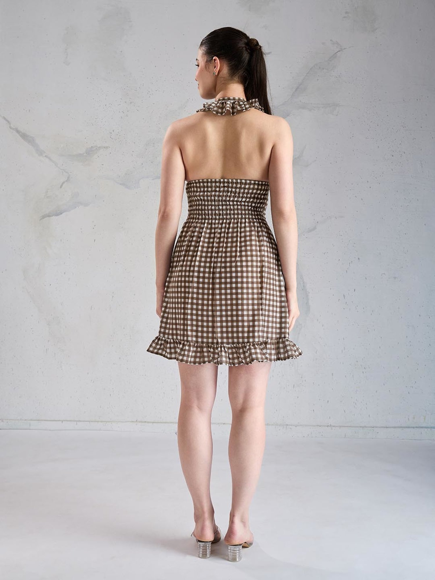 House of Mira Brown & White Cotton Checked Dress