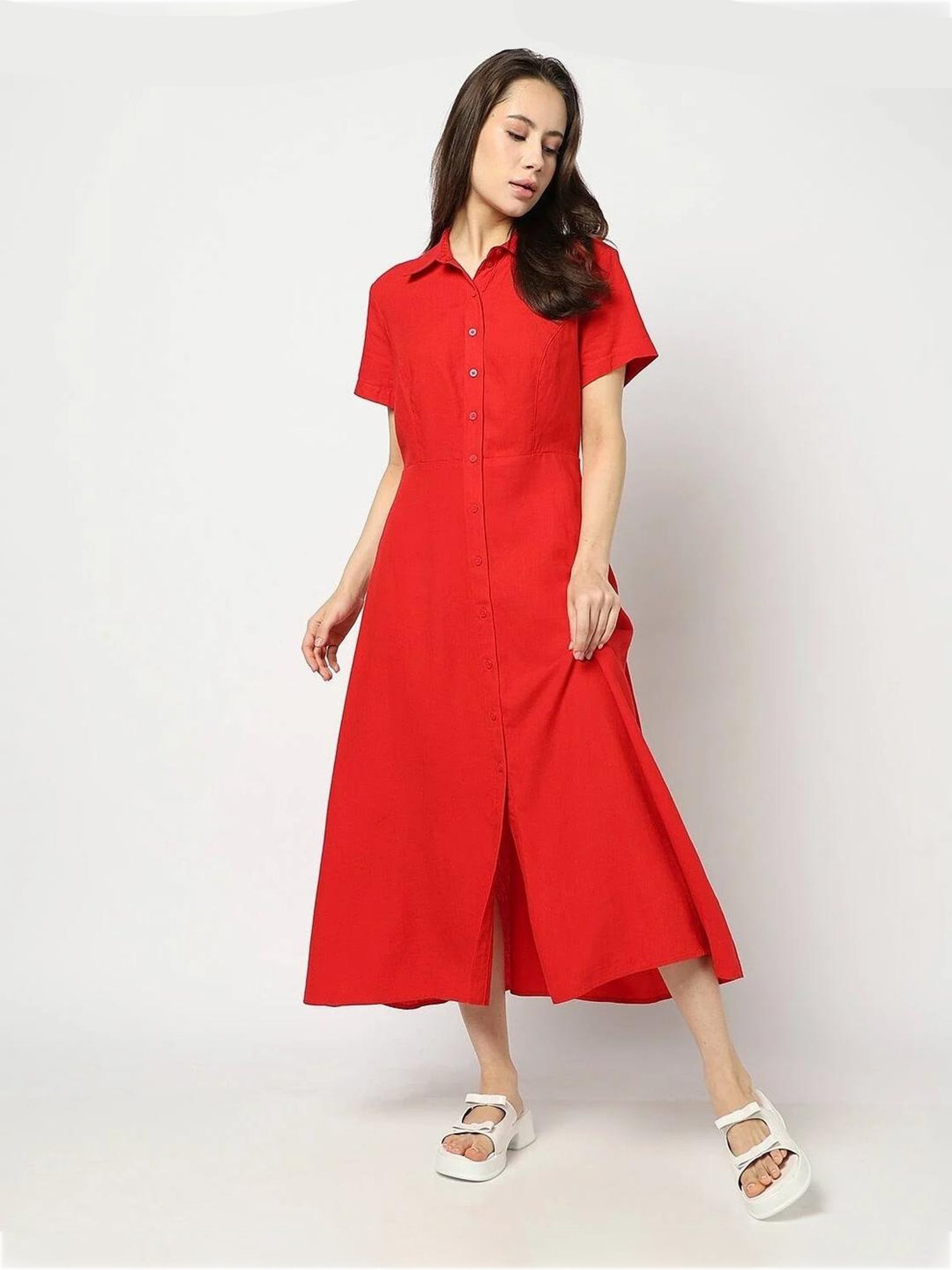 GAP Red Regular Fit Solid Shirt Dress