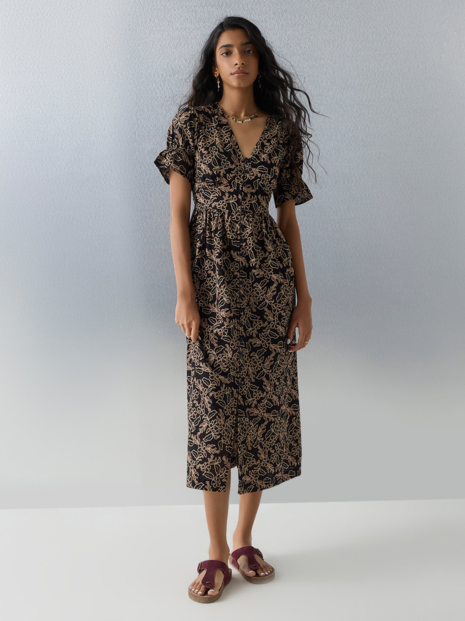 Bombay Paisley by Westside Black Floral Embroidered Cotton A-Line