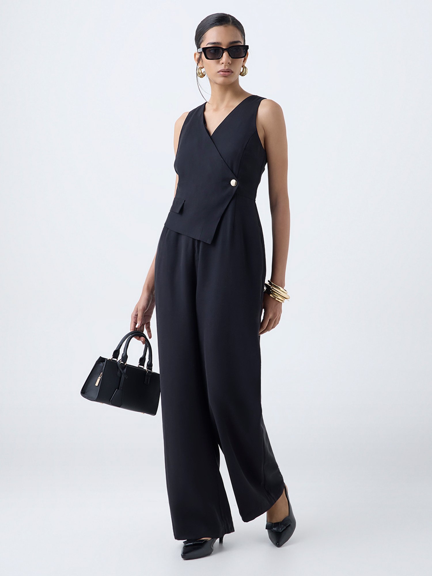Wardrobe by Westside Black Solid V-Neck Jumpsuit