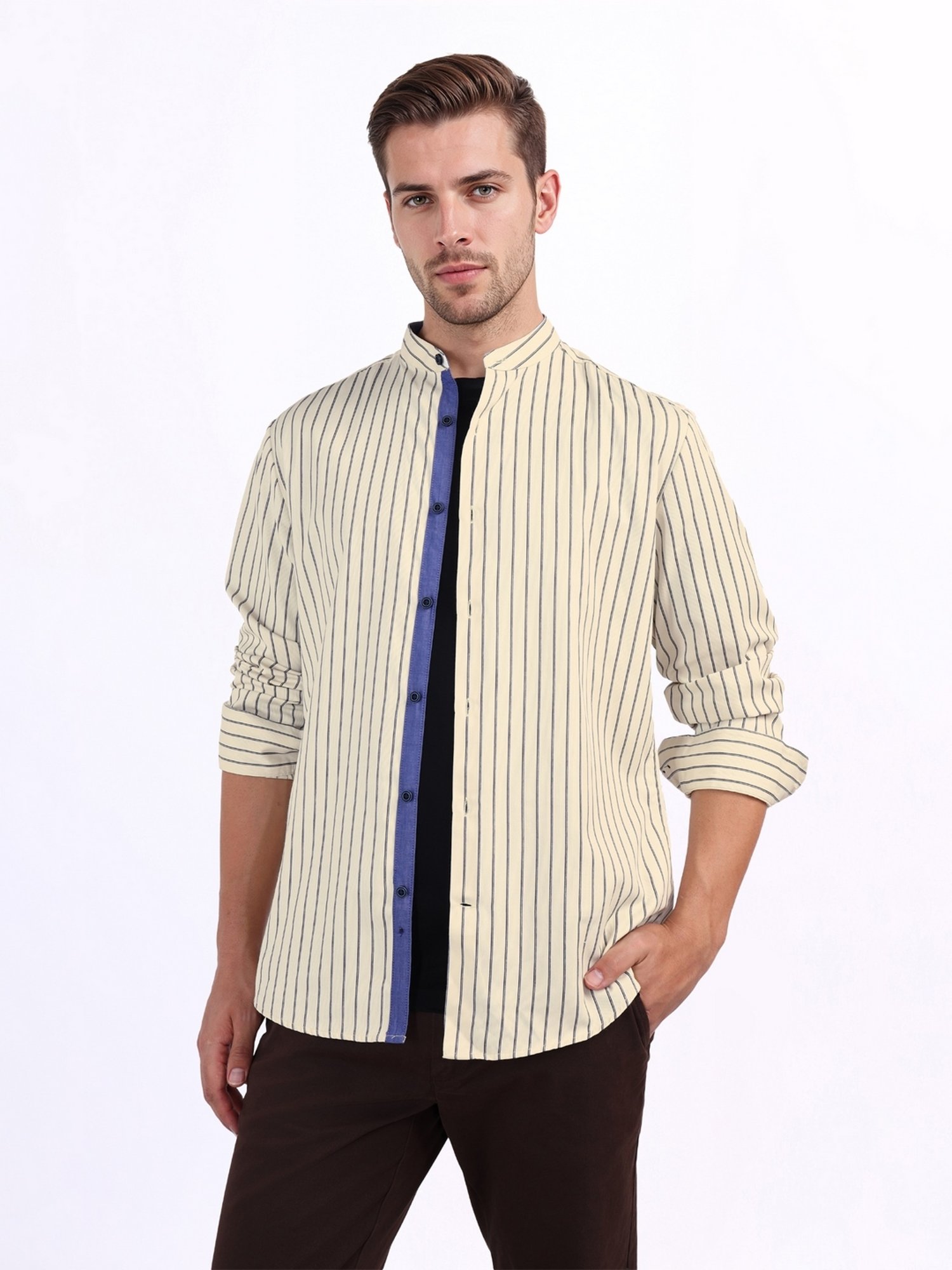 Iconic Mens Beige Striped Band Collar Shirt