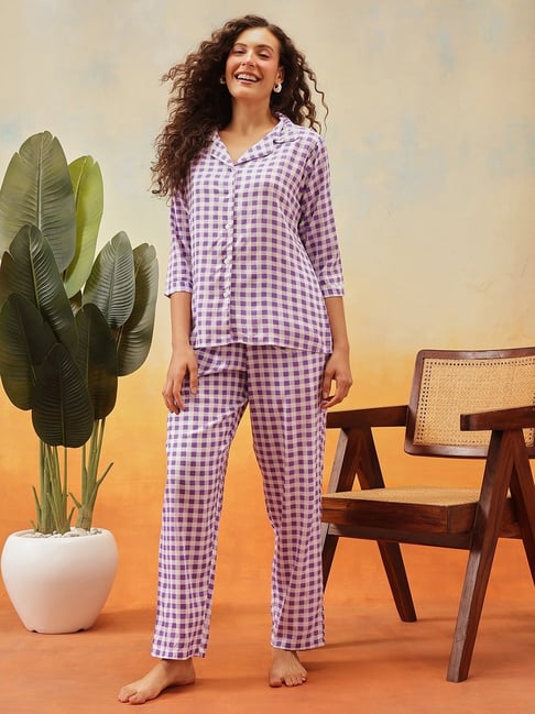 Buy Clovia Purple Checks Shirt Pyjama Set for Women Online
