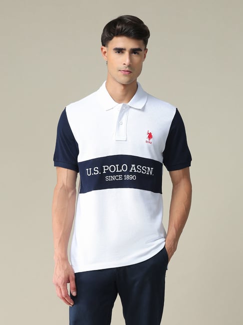 Buy Polo White Cotton Regular Fit Colour Block Polo T