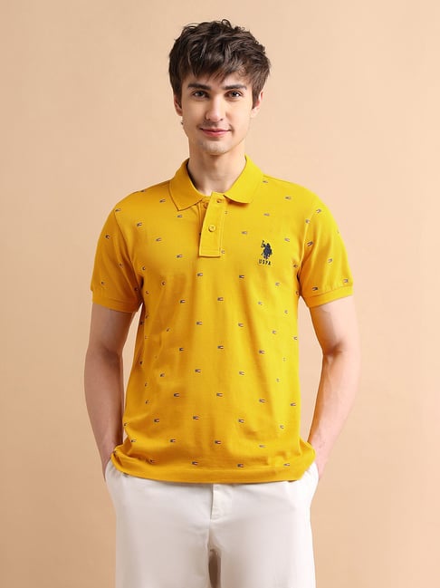 Polo Black Cotton Regular Fit Printed Polo T-Shirt
