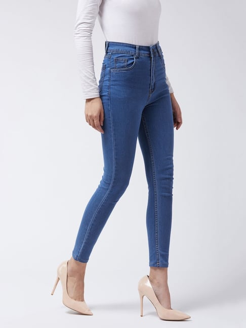 Buy Miss Chase Blue Skinny Fit High Rise Distressed Cropped Denim
