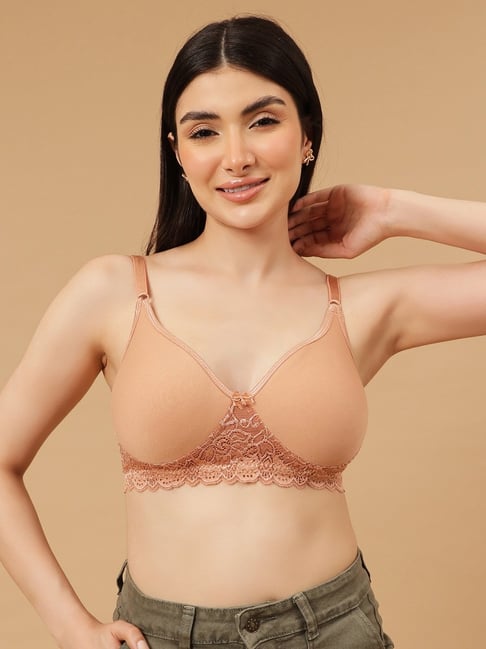 Clovia Light Brown Lace Full Coverage Non-Wired T-Shirt Bra-picture-30