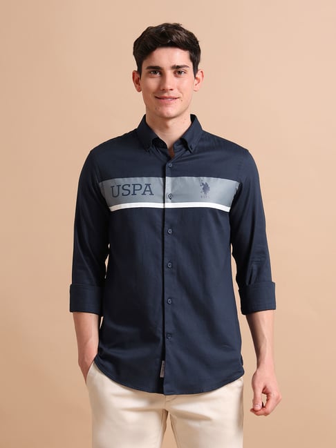 U.S. Polo Assn. Navy Regular Fit Striped Cotton Shirt