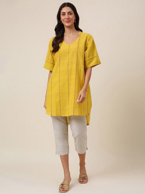 Fabindia Yellow Cotton Embroidered Straight Short Kurti