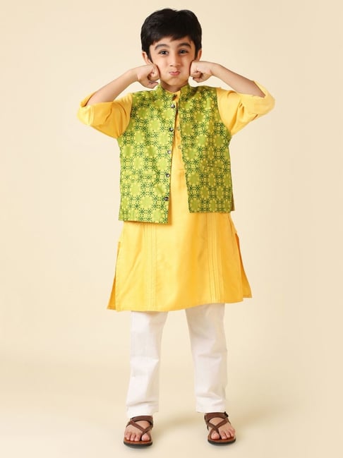 Fabindia Kids Yellow, Green & White Printed Full Sleeves Kurta, Jacket with Pyjamas-picture-37